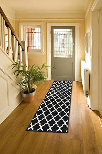Image of Bravich Black & White Trellis Hallway Runner Rug, Hessian Backed Flexible Stair Carpet Runner, Extra Long Length, Ideal for Stairs, Hallways & Kitchens 60x150CM (2'X5')