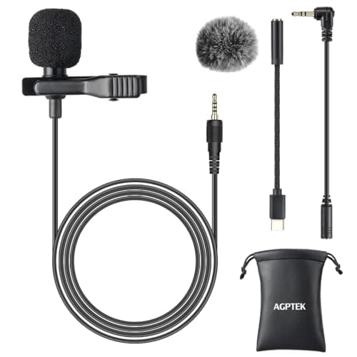 Image of AGPTEK Lavalier Microphone, Clip-on Lapel Omnidirectional Condenser Mic with Wind Muff Type C 3.5mm Jack for Phone PC Laptop DSLR Camera Recording Interview, Podcast, Voice Dictation