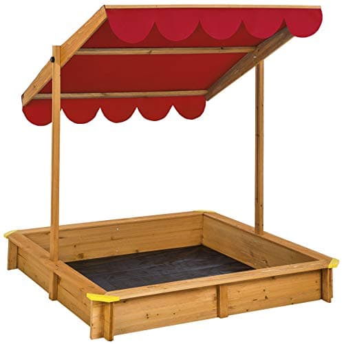 Image of tectake® Wooden Sandpit with Adjustable Sun Canopy & Protective Groundsheet, Sandbox for Kids in Varnished Pinewood with Seat Edge & Protected Corners, Ideal Kids Garden Furniture, 120 x 120 cm - Red