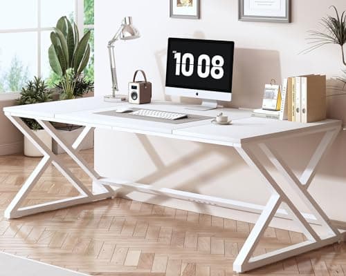 Image of HSH Large Office Desk, Modern Large Long Wood Metal Computer Desk, Farmhouse Pc Study Work Writing Desk for Two Person, Modern Double Workstation Executive Desk for Home Bedroom Living, White, 180cm