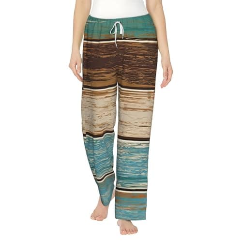 Image of Comfy Women'S Rustic Wood Plank Print Pajama Pants With Drawstring And Pockets,Lightweight Soft