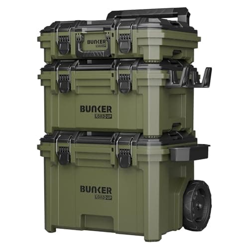 Image of BUNKER Load-Up 9 Piece Modular Tool Storage System - 3 Tier Stackable Rolling Toolbox Set with Organisers & Accessories - IP65 Waterproof, Heavy-Duty Build, All-Terrain Wheels - Workshop & Jobsite