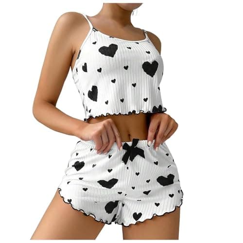 Image of Gatamiau Women’s 2 Pieces Heart Print Summer Pajama Set Scoop Neck Sleeveless Cami Tops + Shorts, Sexy Sleepwear PJ Set Soft Loungewear Nightwear (UK, Alpha, M, Regular, Regular, White+Black)