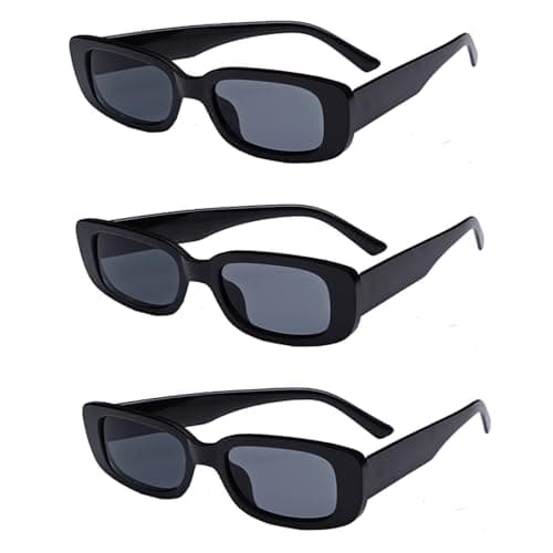 Image of 3 Pack Black Sunglasses - Rectangle Retro Square Sunglasses for Women & Men - 90s Style, UV400 Lens