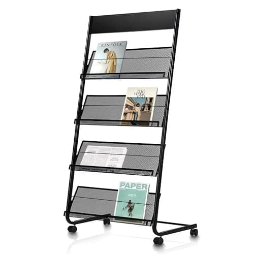 Image of xdgeLoad Magazine Rack Floor Standing Brochure Display Stand with Wheels, 4 Pockets Literature Holder Book Stand Floor Stand for Office, Trade Show, Exhibitions (Black)