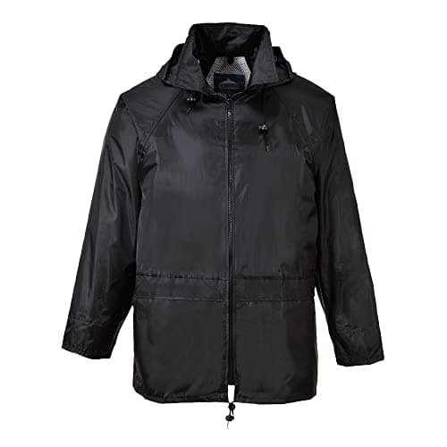 Image of Portwest S440 Classic Rain Jacket Waterproof Coat Windbreaker Raincoat Hooded Workwear Pack Away Taped Seams Vented EN 343 PFAS Free Texpel Splash Eco UPF 40+, Black, L