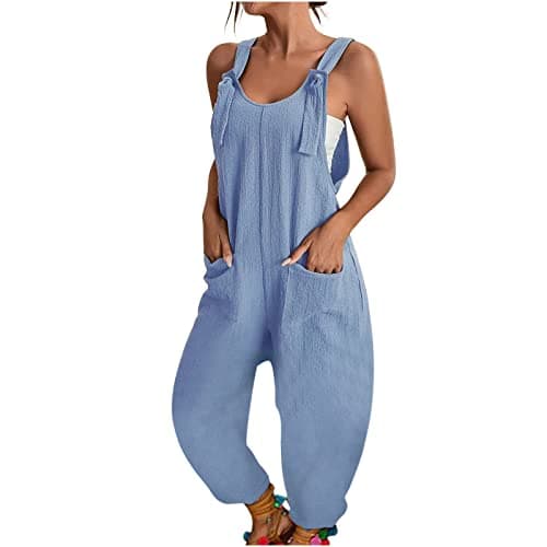 Image of Generisch Jumpsuit Women's Trouser Suit Jumpsuit Set Casual Women's Overalls with Scoop Neck Sleeveless Spaghetti Straps Baggy Jumpsuit Harem Trousers with Pocket, sky blue, S