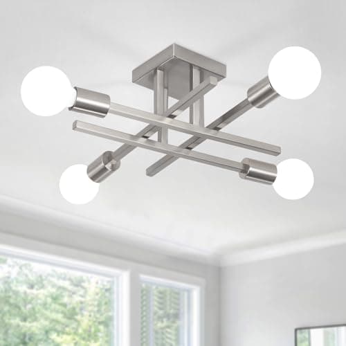 Image of WTUOING Modern Silver Ceiling Lights Living Room, 4 Lights Nickel Sputnik Chandelier Vintage Bedroom Lights Ceiling, Semi Flush Industrial Ceiling Light Fitting for Kitchen, Dining Room, Hallway, E27