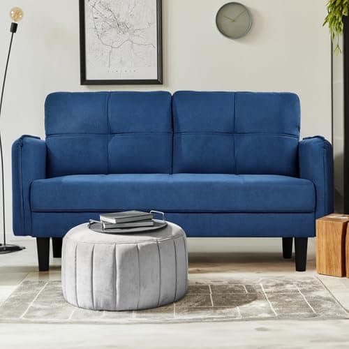 Image of Hello-5ive Modern 2 Seater Sofa, 148cm Velvet Small Sofa Couch with Spring Cushion and Storage Pocket, Comfy Upholstered Loveseat for Living Room, Bedroom, Apartment, Blue