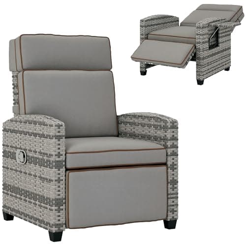Image of Outsunny Rattan Garden Recliner Chair, Adjustable Backrest Reclining Rattan Chair with Flip Table, Cushion and Footrest, Indoor Outdoor Lounge Reclining Sun Lounger for Patio, Mixed Grey/Grey