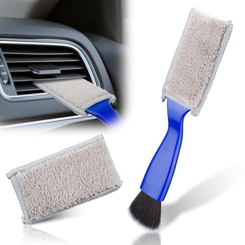 Image of Double Head Brush for Car Clean, 2 in 1 Car Detailing Brush, Double Ended Portable Dust Brush with 2 Cleaning Cloth, Universal Dust Removal Brush for Air Conditioner Outlets, Dashboard Screen (Blue)