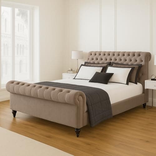 Image of Bed Croft Chesterfield Sleigh Bed - Upholstered in Plush Velvet Fabric - Mattress/Gas Lift Option - Uk Made - Double/King/Super King (Mink Plush, Double 4ft6 Bed Frame)