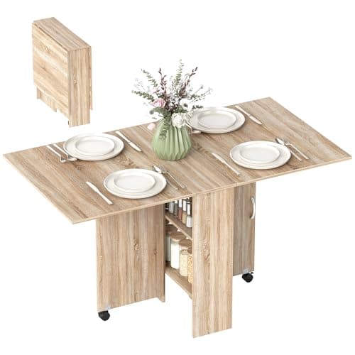Image of HOMCOM 80-140 cm Folding Dining Table for 4-6 People, Drop Leaf Table with 2-Tier Shelves, Rolling Casters, for Small Spaces, Kitchen, Flat, Dining Room, Natural