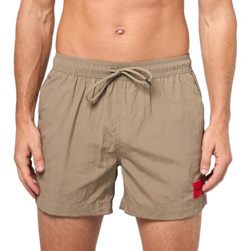 Image of HUGO Men's Dominica Patch Logo Quick Dry Swim Trunks, Fallen Rock Beige, Medium
