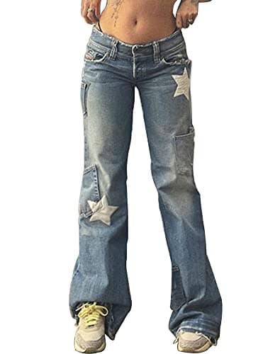 Image of DINGJIUYAN Vintage Blue High Waist Women Jeans Stars American Fashion Streetwear Wide Leg Jean Female Trouser Straight Baggy Denim Pants
