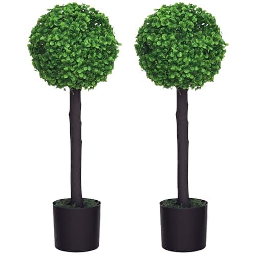 Image of Homcom Set of 2 Decorative Artificial Plants Boxwood Ball Trees in Pot Fake Plants for Home Indoor Outdoor Decor, 60 cm