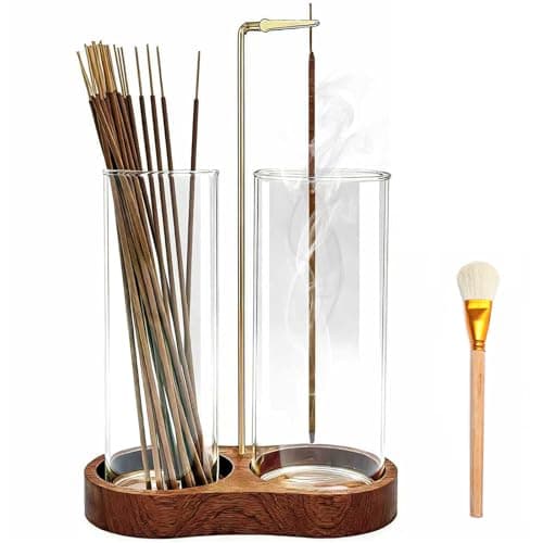 Image of Ceremony Incense Holder, 2 in 1 Wooden Incense Holder for Sticks with Glass Ash Catcher, Anti-ash Incense Burner Ash Brush for Meditation Yoga Spa Room Decor (2 in 1 Ellipse)