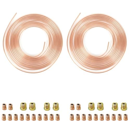 Image of Brake Pipe, Brake line 3/16"(4.76mm) x 50ft(15.24m) Copper Coated Steel Tubing with 32 Nuts Fittings, OD 4.76mm, ID 3.3mm,Automotive Replacement Brake Lines kit,Car Inner Steel Brake Oil Pipe