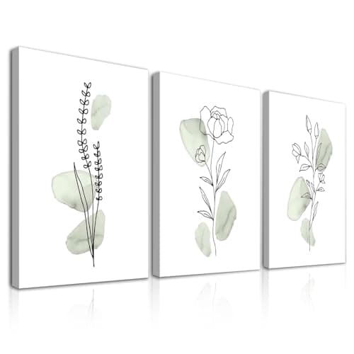 Image of JJPRST 3Pcs Framed Abstract Botanical Wall Art Decor, Minimalist Sage Green Flower Line Canvas Wall Art for Bedroom Living Room Decor 12x16 in