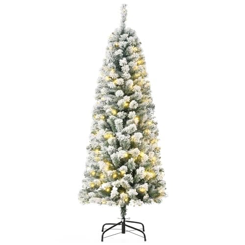 Image of HOMCOM 5FT Prelit Artificial Snow Flocked Christmas Tree with Warm White LED Light, Holiday Home Xmas Decoration, Green White