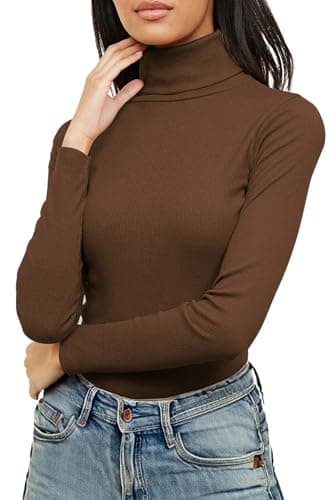 Image of Re Tech UK Ladies Plain Ribbed Cotton Polo Turtle Roll Neck Tunic Top Jumper Full Sleeve, Dark Chocolate Brown, M/L 12-14