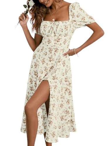 Image of GORGLITTER Women's Floral Midi Dress Milkmaid Summer Tea Dress Boho Square Neck Short Sleeve Split Swing A Line Dresses Apricot Floral L