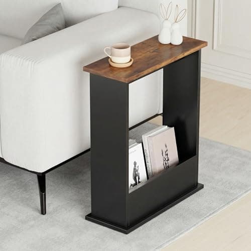 Image of Blisswood Slim Side Table, Small Side Table With Magazine Rack, Modern Style Sofa End Tables For Living Room And Office For Bedroom, Study (55 x 45 x 18 Cm, Rustic & Black)