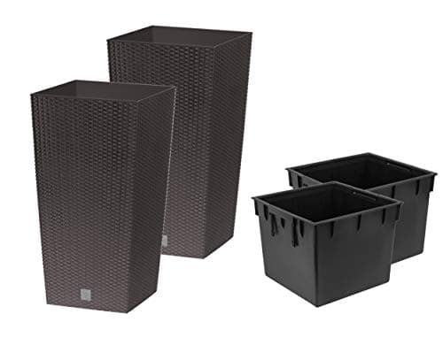 Image of Stolmet Tall Square Planter Set of 2 Rattan Indoor/Outdoor Flower Pot + Insert in Set (11.5L, Dark Brown)