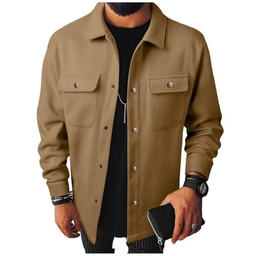 Image of Men's Shirts Button Down Long Sleeve Shacket Flap Chest Pockets Utility Soft Warm Overcoat Stylish Regular Fit Plain Autumn Winter Casual Outdoor Shirts