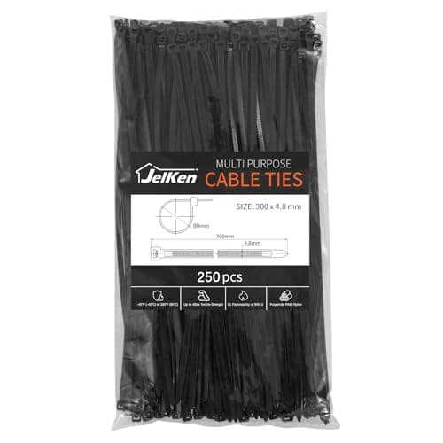 Image of JelKen 250 Pack Black Cable Ties, 300mm x 4.8mm, 12" Nylon Tie Wraps, Self-Locking Heavy Duty Zip Ties for Home Office and Garden