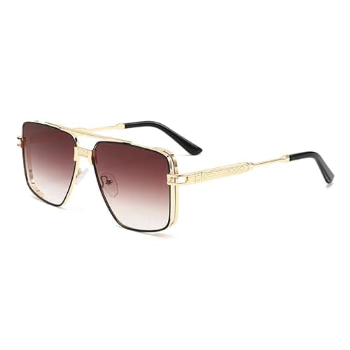 Image of Long Keeper Retro Pilot Sunglasses Mens Womens Oversized Avaiton Sunglasses Gold Square Frame Sun Glasses Metal Vintage Driving Shades Anti UV400 (Gold Gradient Brown)