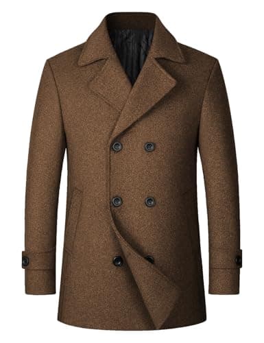 Image of Sukany Men's Casual Wool Blend Coat Jacket Warm Classic Double Breasted Notched Collar Pea Coat Brown L