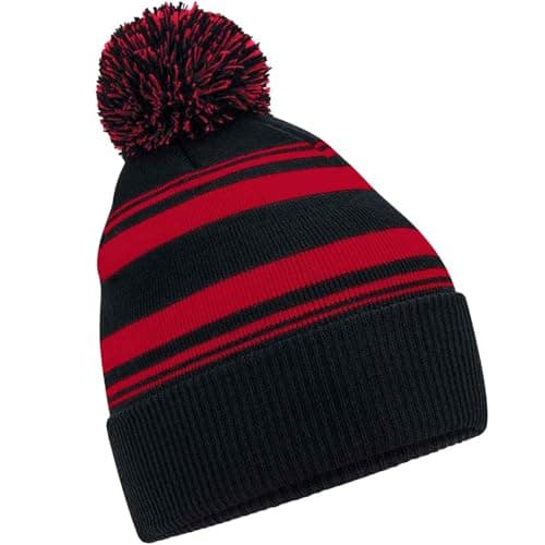 Image of Beechfield Unisex Adult Fan Striped Beanie (One Size) (Black/Classic Red)