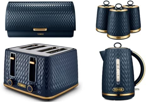 Image of TOWER Empire Midnight Blue 3KW 1.7L Jug Kettle, 4 Slice Toaster, Roll Top Bread Bin and Set of 3 Tea, Coffee & Sugar Canisters. Stylish Art Deco Design Kitchen Set of 6 Items in Blue