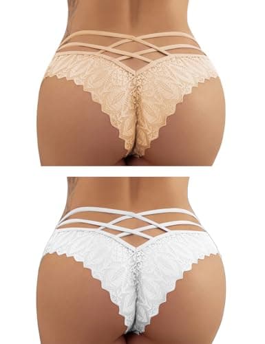Image of FULLJOYLOVE Women's Sexy Lace Mesh Hollow Thongs Seamless Knickers Ladies Stretchy Low Rise G-Strings Tangas Hipster Panties Lace Underpants for Female White Beige 2 Pack