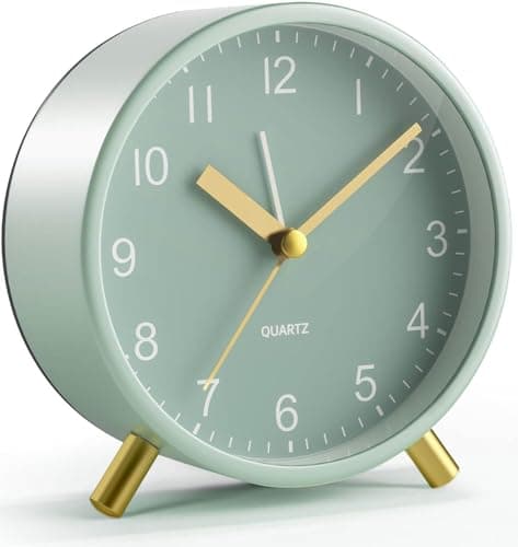 Image of YouJabz Analogue Alarm Clock, Silent Non-Ticking with Night Light, Fashionable Round Metal Alarm Clock for Office, Battery Operated, Bedroom, Elderly, Adults, Children, Student Gifts