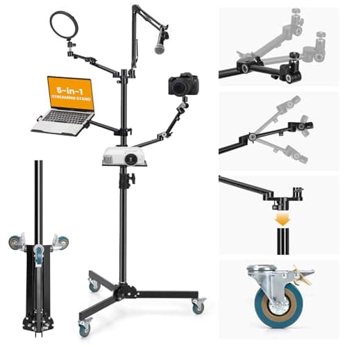 Image of TARION Live Streaming Stand with Wheels - 61"/155cm 5-in-1 Stream Stand Equipment Kit: 1 Mic Boom + 3 Articulated Arms + 1 Projector Holder, Adjustable Heavy-duty Floor Live Tree Setup TitanRig