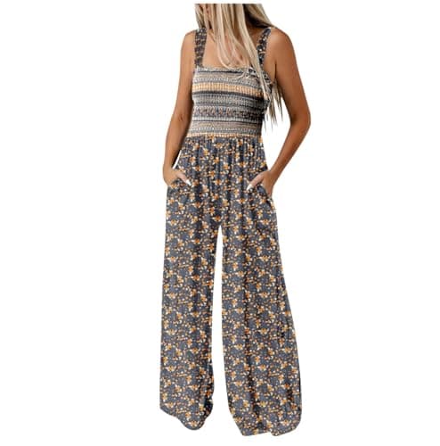 Image of Keepink Women Jumpsuit Elegant Ladies Dungarees Smocked Baggy Wide Leg Rompers Floral Bohemian Pants Sleeveless Strappy Overall with Pocket Loose Casual Playsuit for Summer Holiday Beach