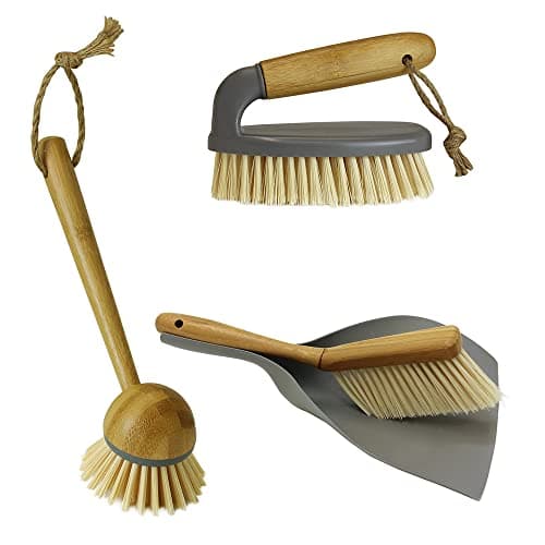 Image of JVL Bamboo Cleaning Essentials, Dustpan and Brush, Scrubbing Brush and Dish Brush