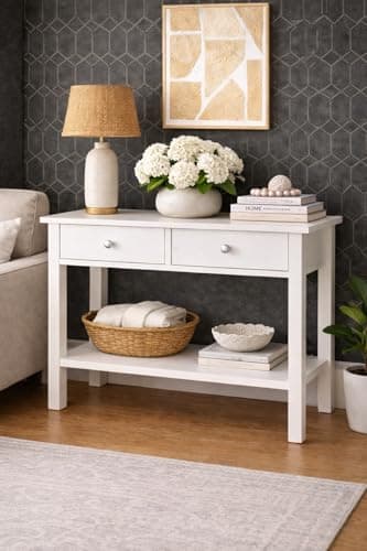 Image of Saxony® Console Table Slim Side Table Living Room Tables Very Narrow Hallway Furniture Cabinet with Drawers Hall Table Indoor Storage Unit Decor Tables White
