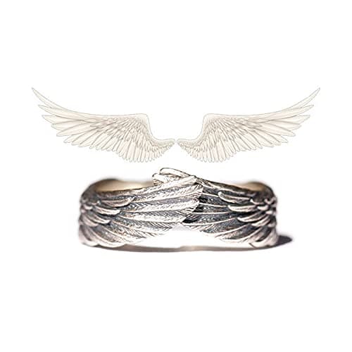 Image of LVGPH Hug Wings Angel Feather Retro Copper Open Adjustable Guardian Ring - Vintage White Silver Wedding Band for Women Men Lovers Friends Gifts