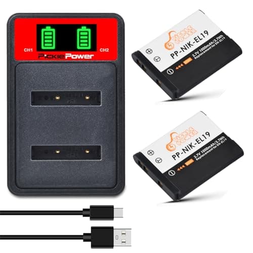 Image of Pickle Power 2Pcs EN-EL19 Battery and Type-C Charger for Nikon Coolpix W150 A100 S33 S6900 S3700 S2800 S3600 S6800 S4400 S6600 S6500 S2700 S3200 S3300 S6400 S4200 S2600 S3100 S3400 S3500 S4100