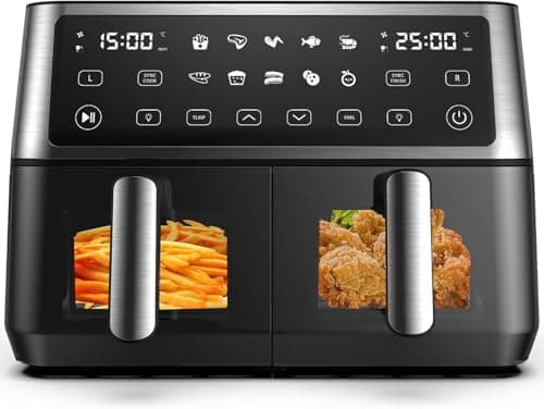 Image of 10L Dual Air Fryer, 2 Drawers,10-In-1 Cooking Presets, Sync Cook & Finish, Smart Touch Screen, with Visual Window, Timer Function, Uses No Oil& Max Crisp, 50℃ to 200℃, 1-24H, Dishwasher Safe