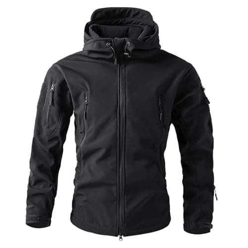 Image of Outdoor Softshell Jacket Men's Waterproof Breathable Hiking Jacket Windproof Stand-Up Collar Transition Jacket with Zips Solid Simple Leisure Jacket with Hood Lightweight Sports Jacket, O Black, M