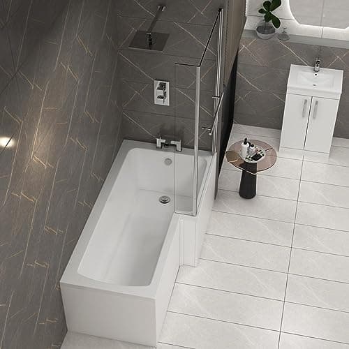Image of Qubix 1600 x 850mm Right Hand L-Shaped Shower Bath Acrylic Bathtub with Front Panel + Glass Shower Fixed Screen
