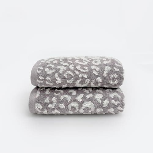 Image of Allure Bath Fashions Luxury Zero Twist Pack of 2 Leopard Print Hand Towels 50 x 85cm in Grey/White – 100% Cotton, Super Soft, Absorbent & Quick Dry, Plush 500GSM Bathroom Towels with Hanging Loop