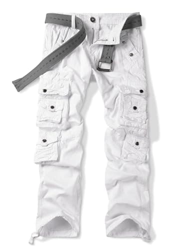 Image of Aeslech Men's Cotton Casual Cargo Work Trousers Travel Hiking Pants with Multi Pockets White 34