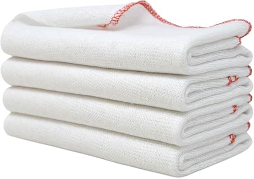 Image of Towelogy Jumbo Dish Cloths for Washing Up | Cotton Set of 4-38 x 45cm (White/Red Edges)