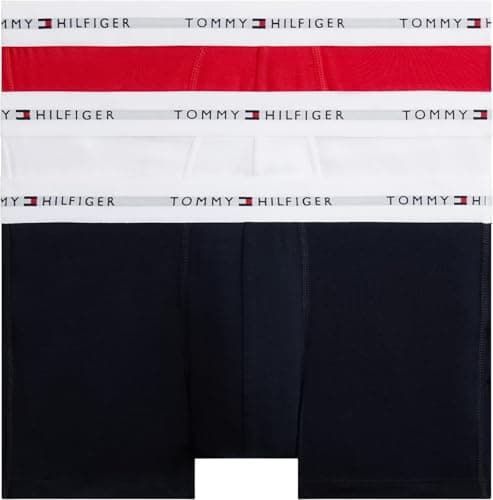 Image of Tommy Hilfiger Men’s 3 Pack Trunks with Logo Waistband, Multicolor (Desert Sky/White/Primary Red), XL