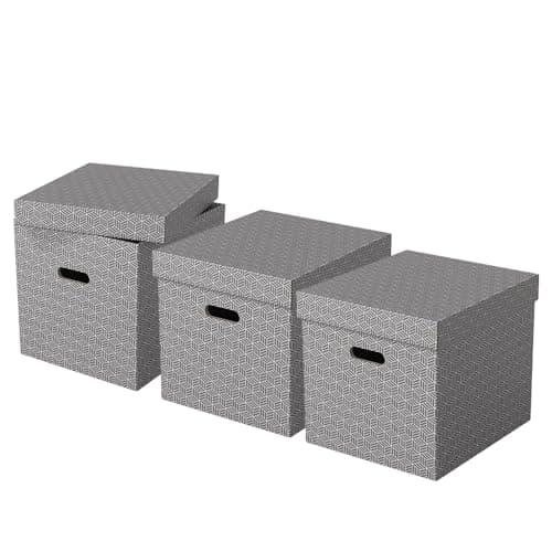 Image of Esselte Large Storage Cubic Box With Lid, Pack Of 3, Suitable For Home/Office Storage & Organisation, 100% Recycled Cardboard, 100% Recyclable, Geometric Design, Grey, 628289